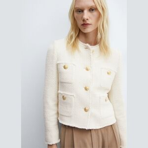 MNG Mango Pocket Tweed Jacket Size M Old Money Quiet Luxury Cream Ivory